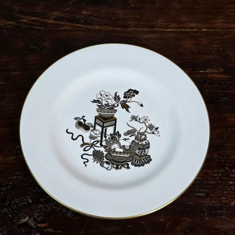 Spode Bone China Bowpot Salad Plate 8 Inch Black Gold Chinoiserie England Y7671